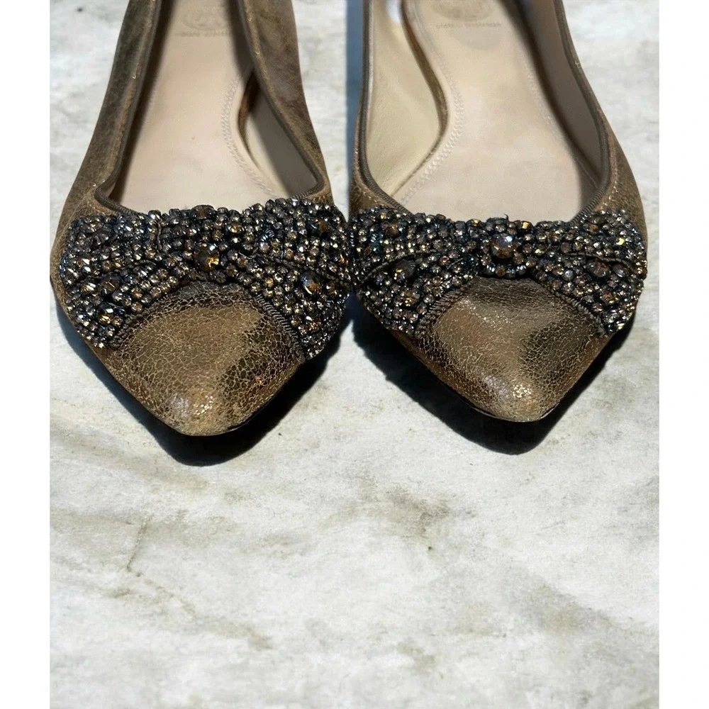 Tory Burch Azalea Jeweled Bow Flats Metallic Gold Women's Size 10.5 Luxury